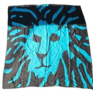 Anne Klein Vintage 100% Silk Scarf Turquoise and Black Lion Head Made In Japan